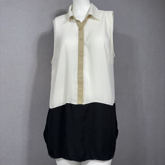 Sleeveless Tunic Top Black Cream Tan Color Block Medium Minimalist Classic Chic - Picture 1 of 7